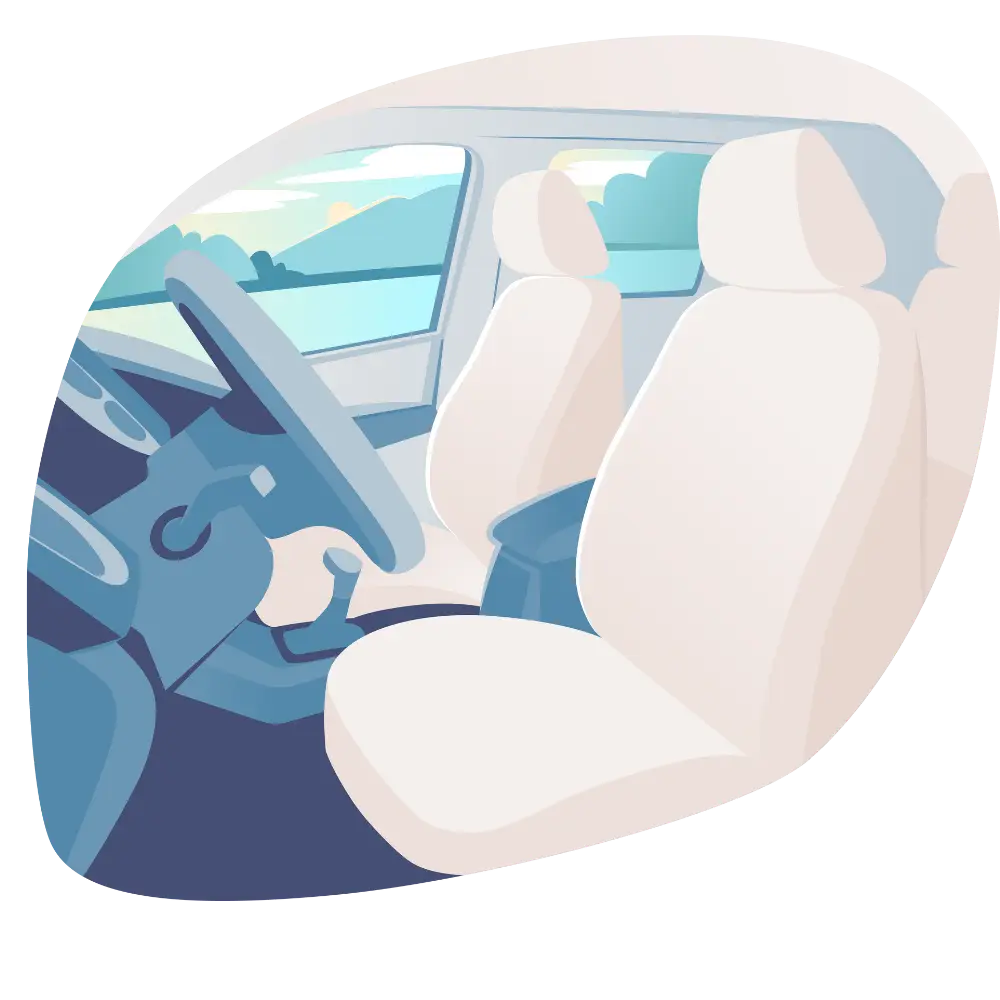 Illustration of a car interior with steering wheel and seats