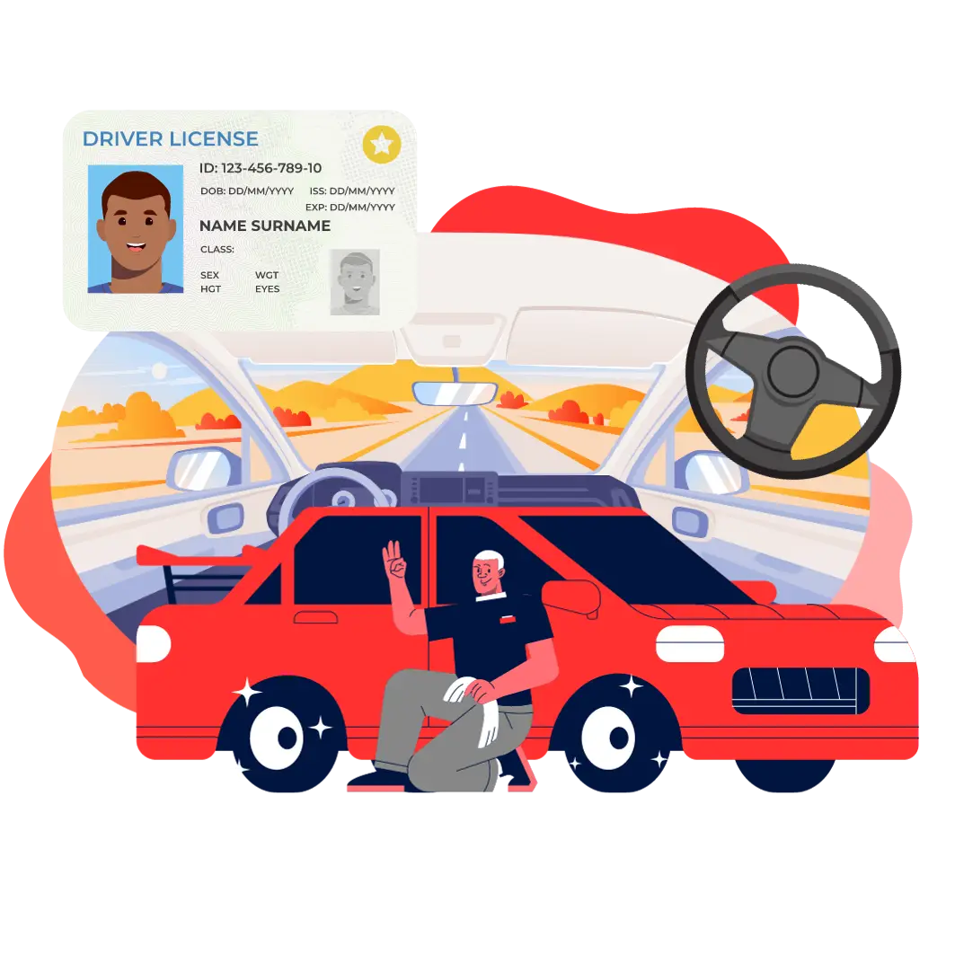 Illustrated driver license, steering wheel and instructor next to a red school car